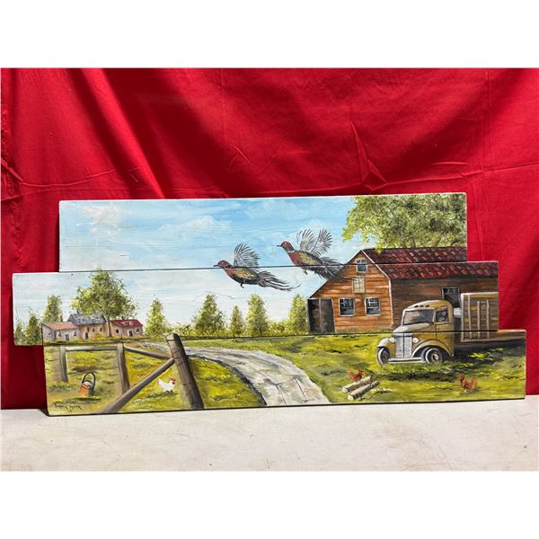 VTG Folk Art Painted Wood Wall Panels (Farm Scene)