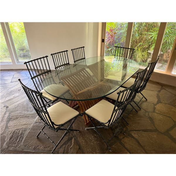 Oval Dining Table w/ Glass Top (78" x 48") & 8 Metal Chairs 15" x 38"H