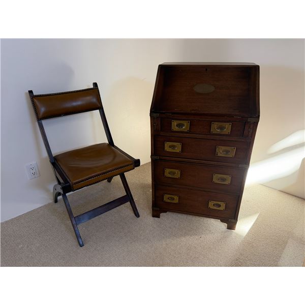 Wooden Secretary Desk w/ Drawers 21" x 17" x 37"H & Chair w/ Leather Seat