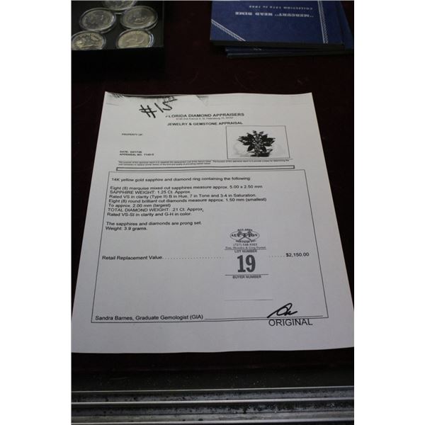 14K  YG  Sapphire/Diamond Ring w/8 Marquise Mixed Cut Sapphires and 8 Round