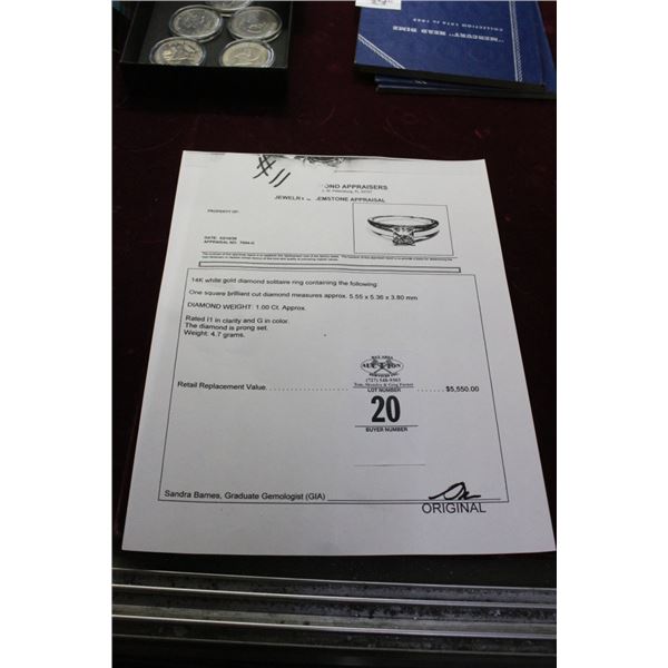 14K  WG Diamond Solitaire Ring w/One Cut Diamond 4.7G - Replacement Value -