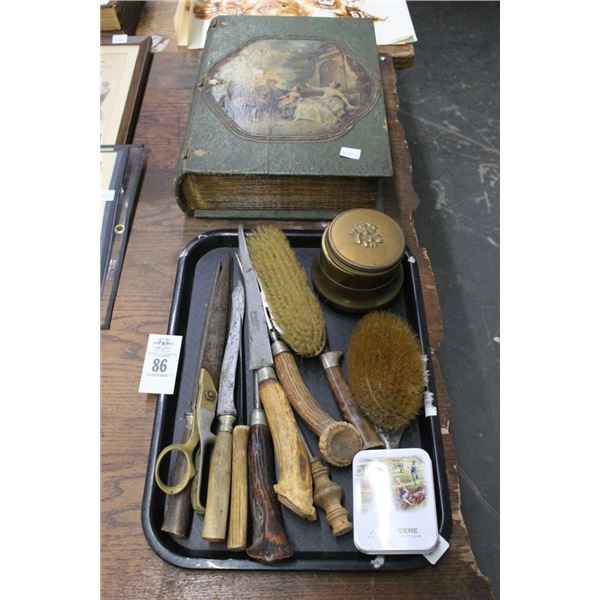 Antique Bookstyle Painted Keepsake Box w/Old Bible, Bottle Stoppers, Bone Handle