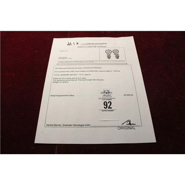 14K  WG  Diamond Earrings w/140 Round Cut Diamonds 5.2G. - Replacement Value