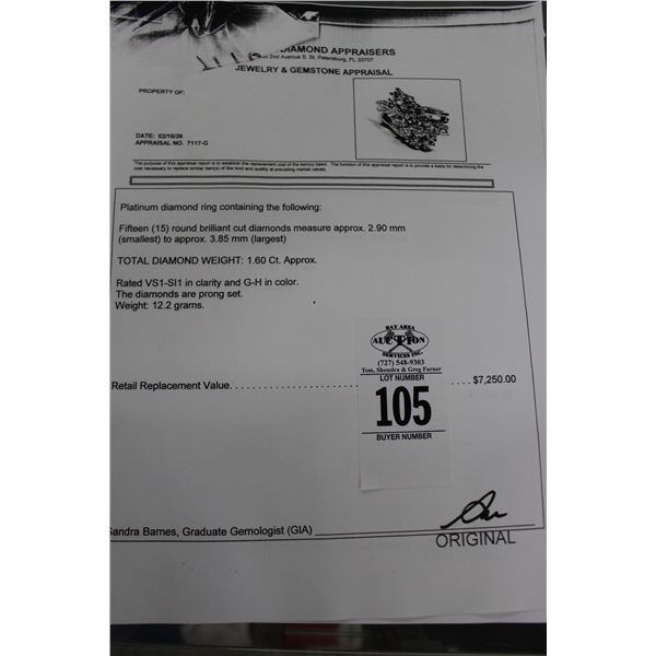 Platinum Diamond Ring w/15 Round Cut Diamonds 12.2G - Replacement Value