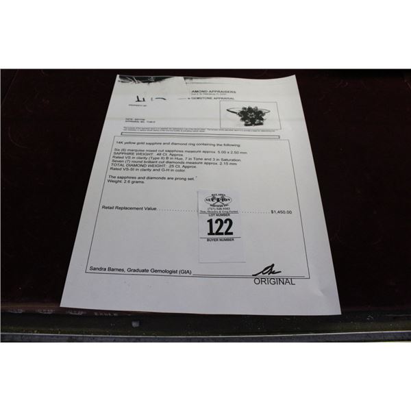 14K  YG  Sapphire/Diamond Ring w/6 Marquise Mixed Cut Sapphires and 7 Round