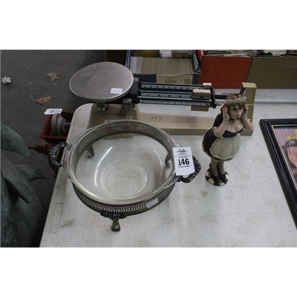 Balance Scale, Footed Pyrex Dish, French Figurine