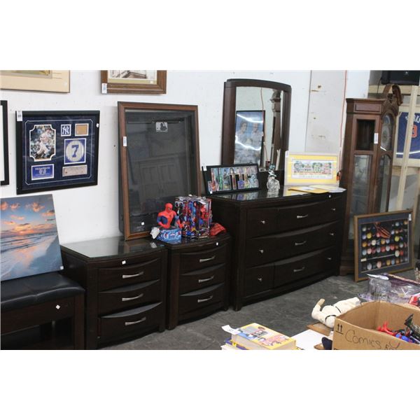 Mocha 9 Drawer Dresser, Mirror, 2 Nightstand Set
