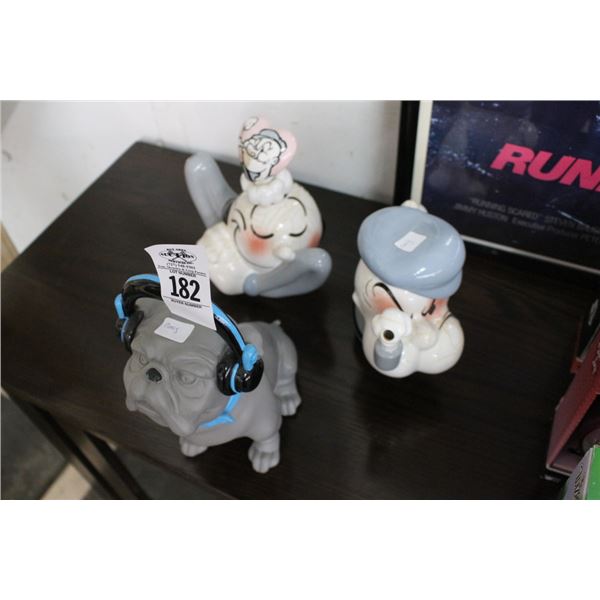 Vintage Popeye Olive Oil Decanters, Bull Dog Figurine