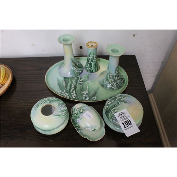 Green Floral Painted Limoge Dishes, Keepsakes, Candlesticks, Tray, Pin Holder