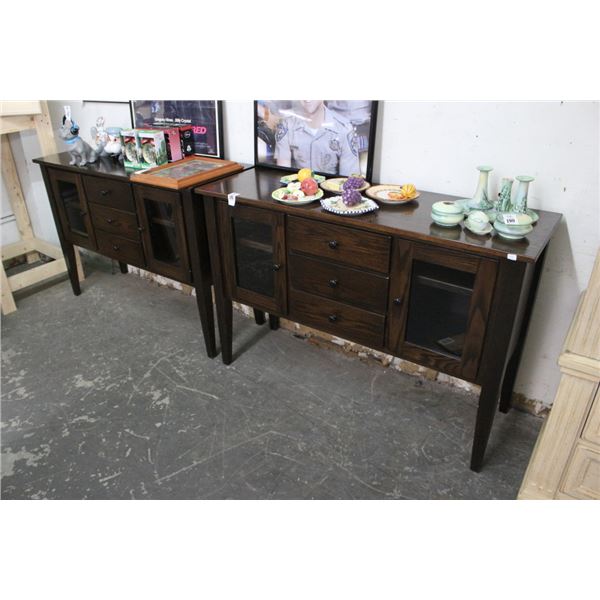 Dark Oak Glass Door Footed Hall Cabinets - Pair