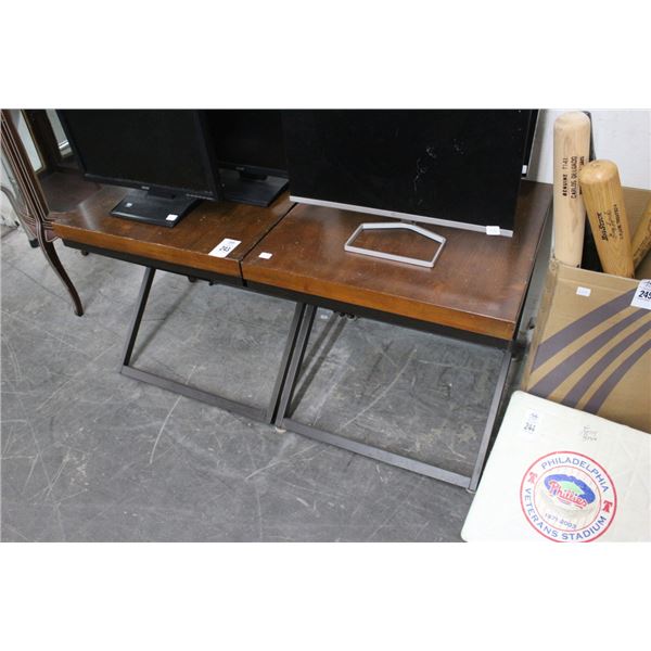 Contemporary Metal Base Wood Top End Tables - Pair