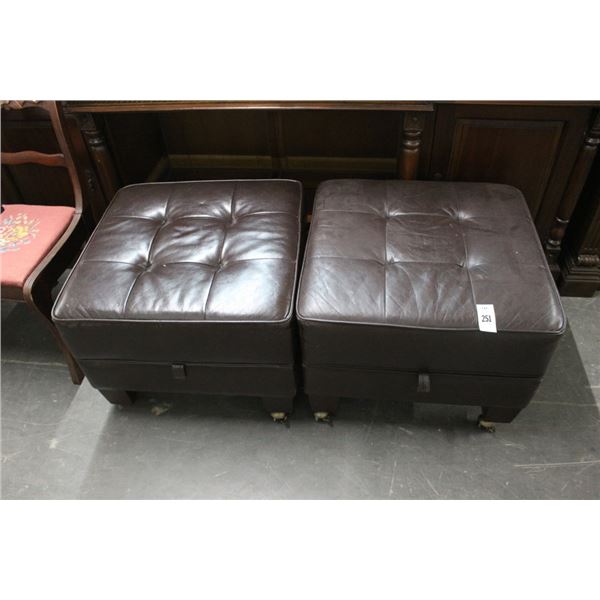 Mocha Leather Ottomans - Pair