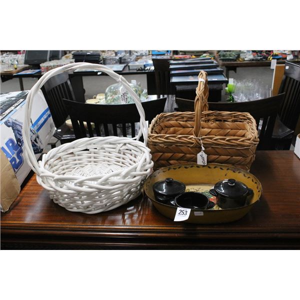 Baskets, Floral Painted Tray, Lidded Crocks