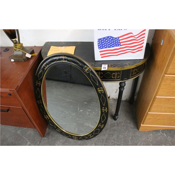 Hitchcock Style Black w/Gold Trim Half Moon Hall Table w/Oval Mirror
