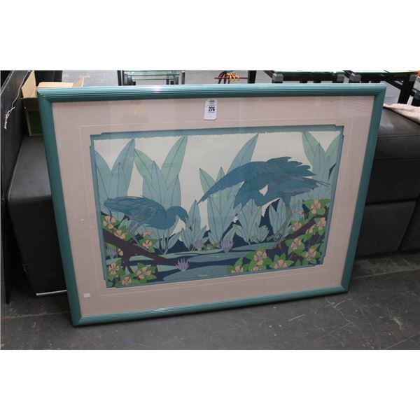 Framed Colorful Wall Art 2 Herons w/Frog Artist Signed - 40"  X  48"