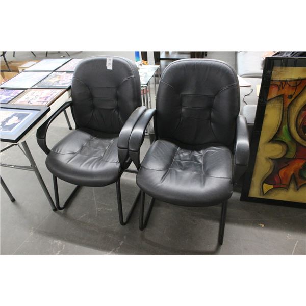 Black Leather Sled Armchairs - Pair