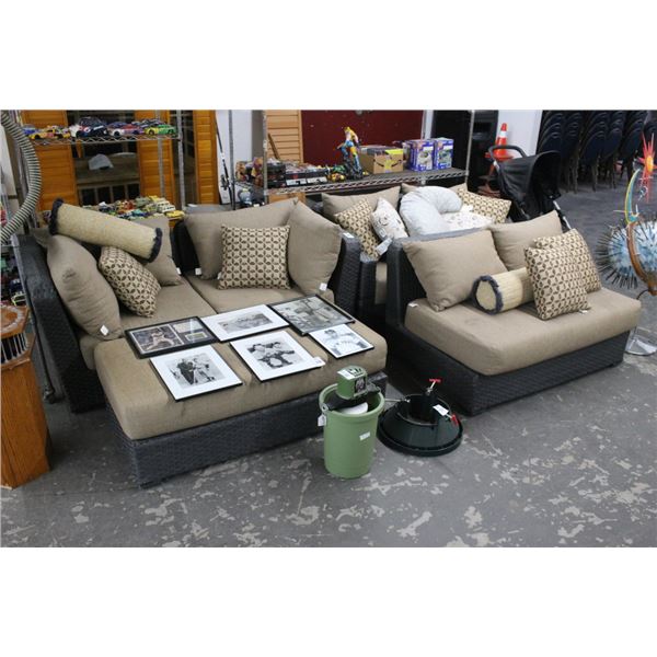 Grey Wicker Style Padded Patio 3 Section Sofa w/Ottoman