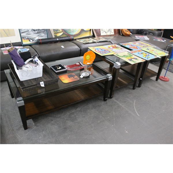 Mocha Base Glasstop Coffee/End Tables Set