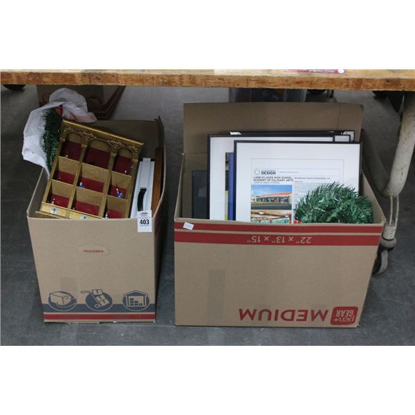 What Not Box w/Cast Toy Soldiers, Asst. Home Goods, Photo Frames, Albums - 2 Boxes