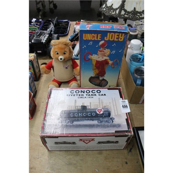 K-Line Conoco Tank Car, Uncle Joey Clown Doll, Teddy Rubstein Bear
