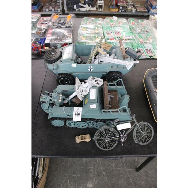 WWII German Bicycle Model, Two 21ST Century Fox Tank Models, Accessories