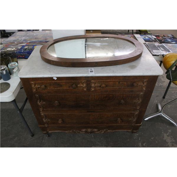 Carved Mahogany Marble Top 2/2 Dresser w/Oval Framed Mirror