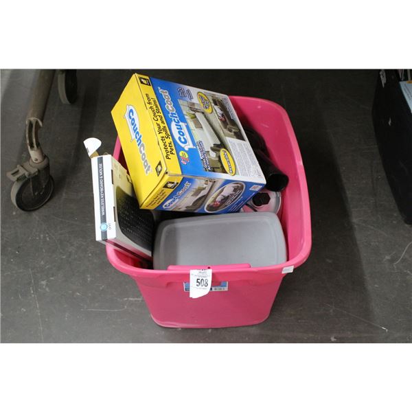 Couch Cover, Keyboard, Makeup, Calculator, Home Goods in Bin