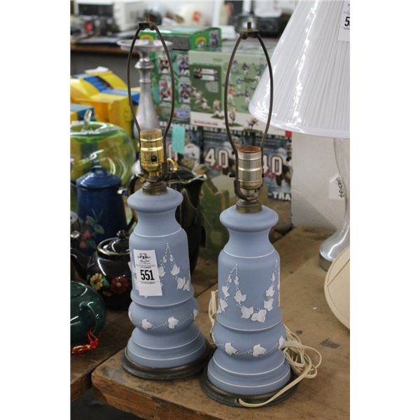 Blue w/White Leaf Motif Lamps - Pair - One Shade