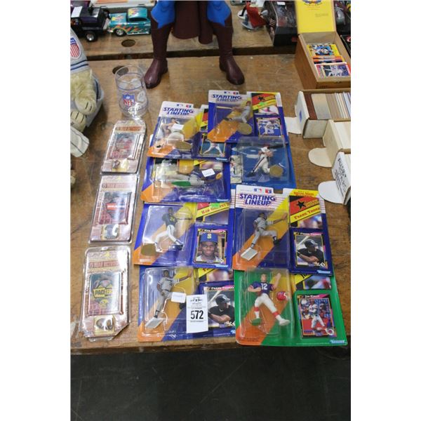 Starting Lineup Baseball Figurines 8, Football Trading Card Pin Set, Glass