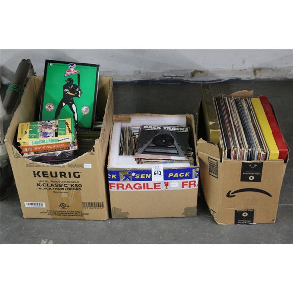 Vintage Vinyl Albums, 45 Records, VHS Tapes, MLB Magazines - 3 Boxes