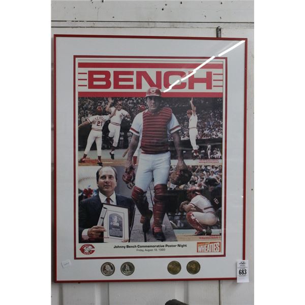 Johnny Bench 1989 Reds Commemorative Poster w/4 Game Tokens