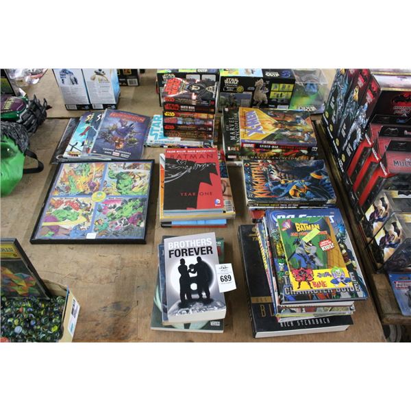 Large Lot of Super Heroes, Asst. Books, Comics, Framed Hulk Record Cover