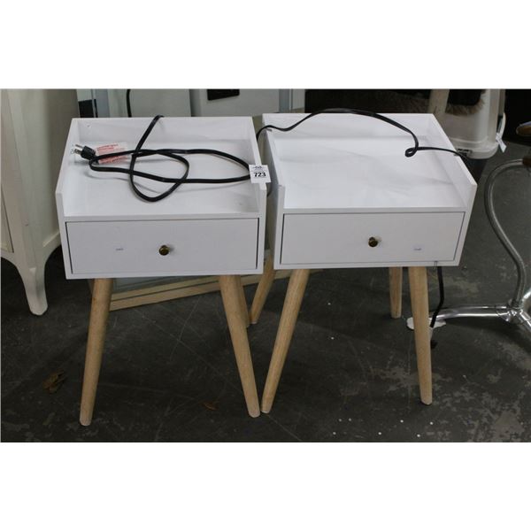 White Laquer Footed Contemporary Electrified Nightstands - Pair