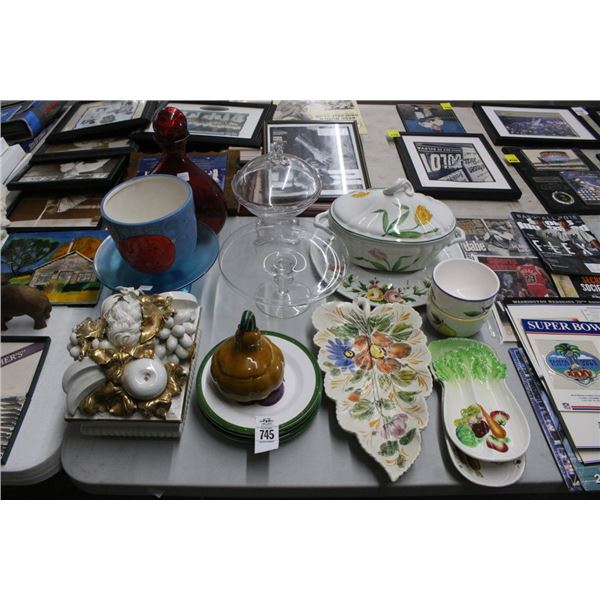 Large Glass Decanter, Strawberry Bowl, Cake Dishes, Painted Serving Trays,