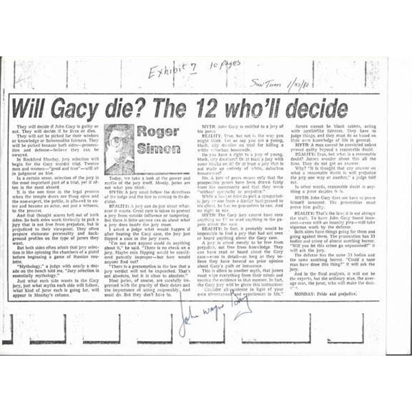 Killer Clown John Wayne Gacy Signed Chicago Sun-Times Article