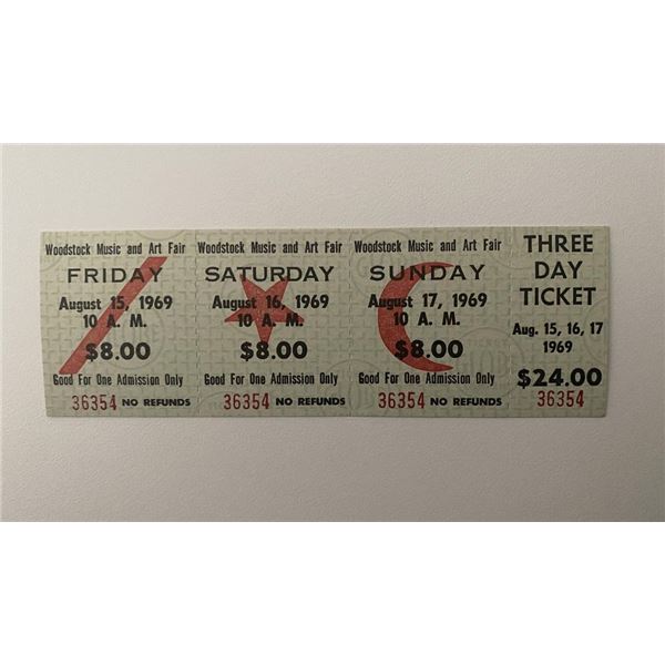 Woodstock Concert 3 day ticket Aug. 15,16,17 1969