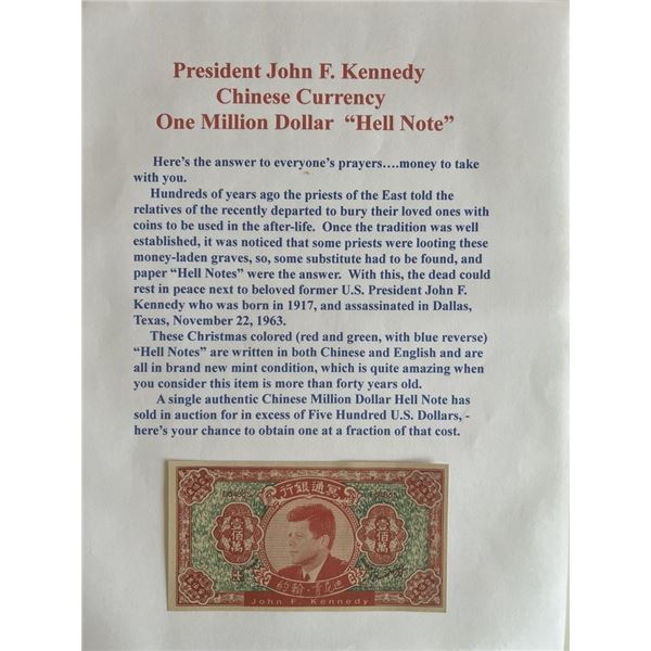 John F. Kennedy Authentic Chinese Hell Note