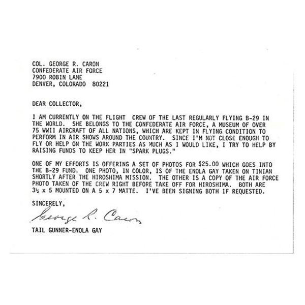 Enola Gay Airman George R Caron Signed Letter