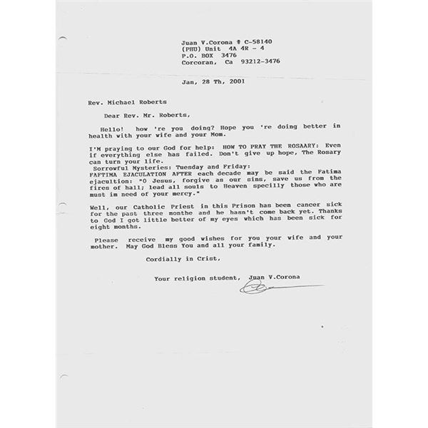 Serial Killer Juan V. Corona Signed Letter