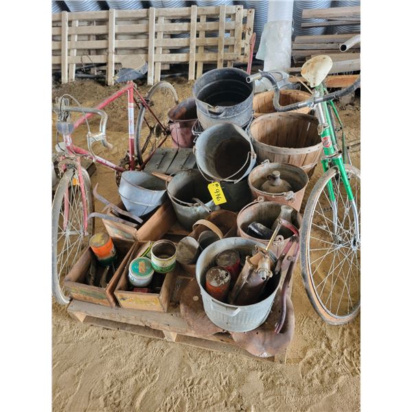 Pallet of antique pails, jars, tins, bikes, pump.   Located at 23012 Twp 604, North West of Thorhild