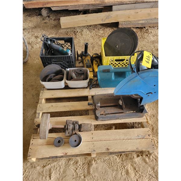 Steel chop saw, 5 angle grinders various sizes, cutting discs, and sharpening stone.   Located at 23