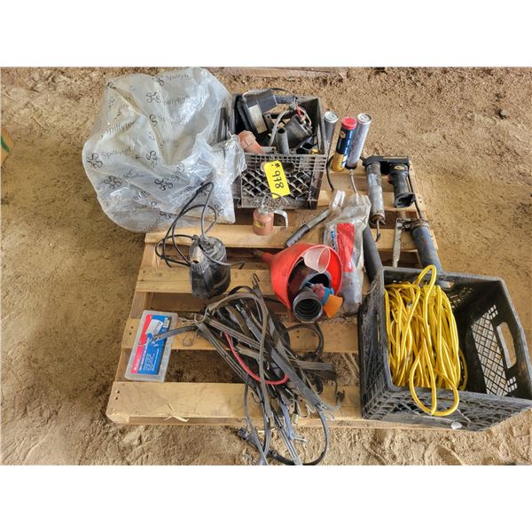 Tarp straps, elec. cord, oil pads, grease guns, box of misc. valve parts, funnels.   Located at 2301