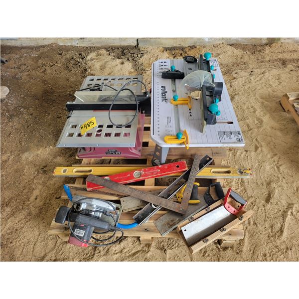 10" Delta table saw, rotor bench table, Mitford boxes, saws, and squares.   Located at 23012 Twp 604