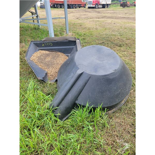 3 grain auger hoppers. 2 round, 1 square. ( 1 round has a crack).   Located at 23012 Twp 604, North
