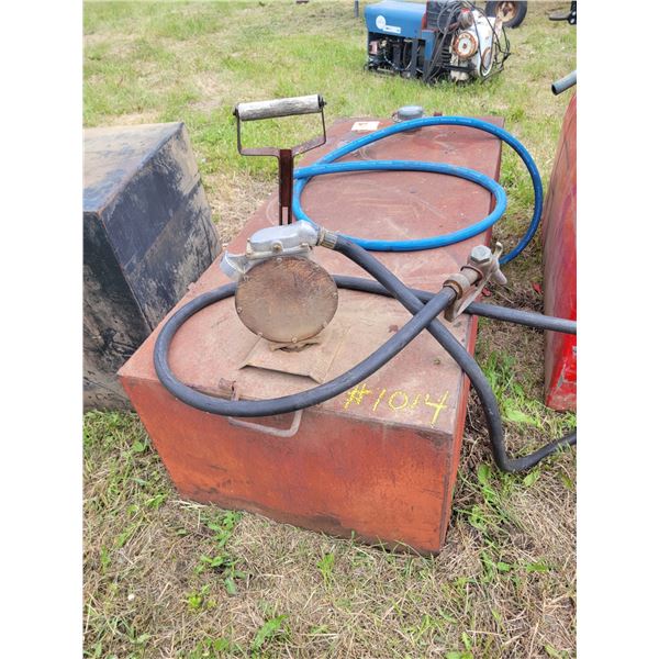 Fuel tank with hand pump. Approx  60"  x 26" x 18".   Located at 23012 Twp 604, North West of Thorhi