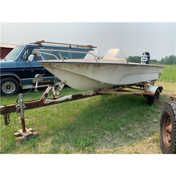 Approx 15ft Chrysler fibre glass boat, c/w mercury outboard &homemade boat trailer, Sold as is, SN: