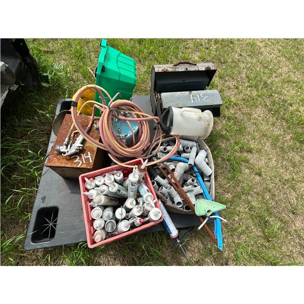 Plastic fittings, funnels, 2 tool boxes, 2 gallon spray pot w/gun