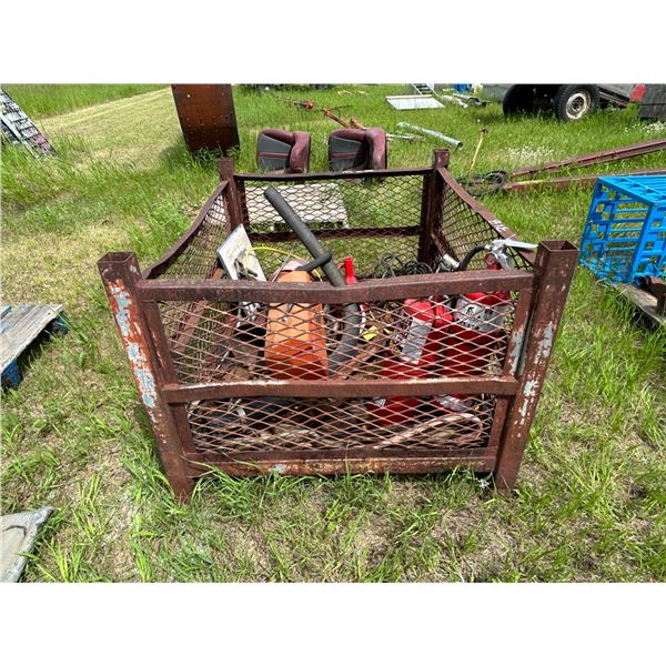 Steel crate c/w contents, fire ext, pry bars, toolboxes, chain, elec.grinder, grease gun etc