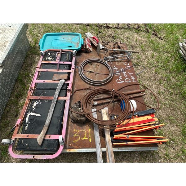 Floor creeper, roadside flares, cable, copper pipe, anchors. Pallet does not go