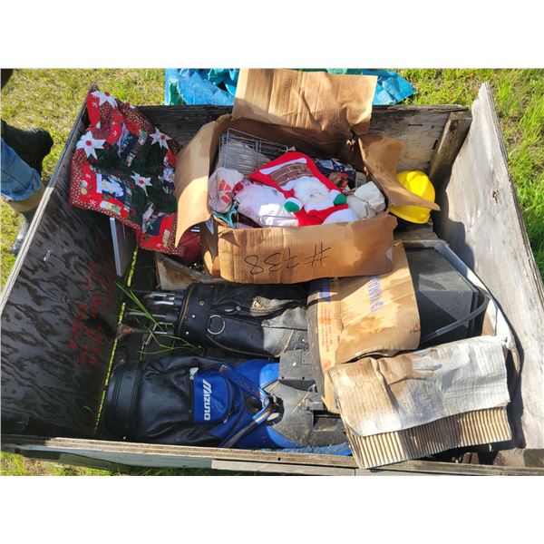 Crate full of golf clubs, X-mas décor, speakers, crate does not go
